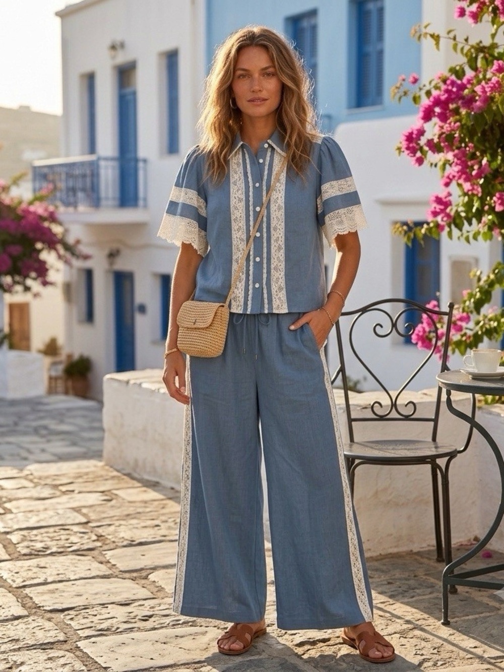 Caroline constas Blue linen lace 2 piece shirt pants set size S Small
